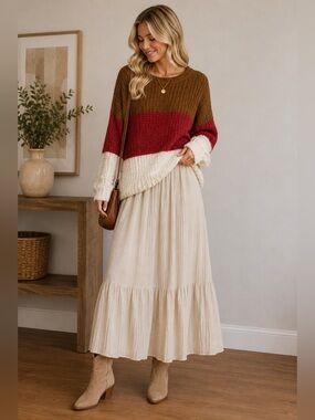 American Eagle Colorblock Chunky Knit Long Sleeve Pullover Sweater